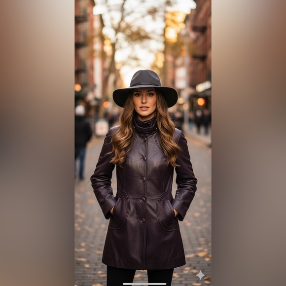 Soia & Kyo Purple Leather Trench Coat Jacket Size Small Classic Structured - Picture 1 of 16